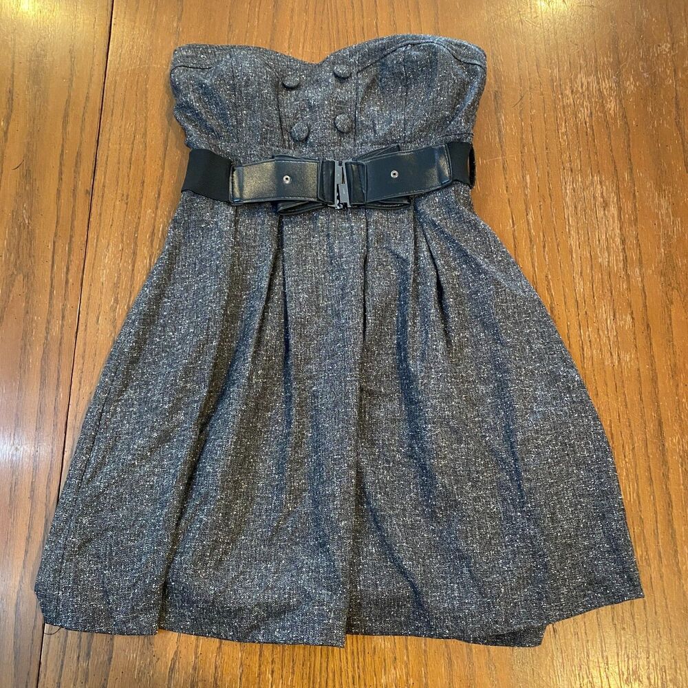 Retro Pinup Strapless Workwear Tweed Dress Gray Fit Flare Belted Sweetheart S